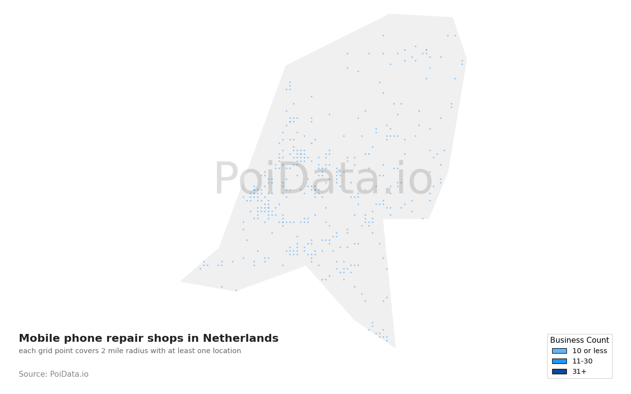 Mobile phone repair shop density map for Netherlands