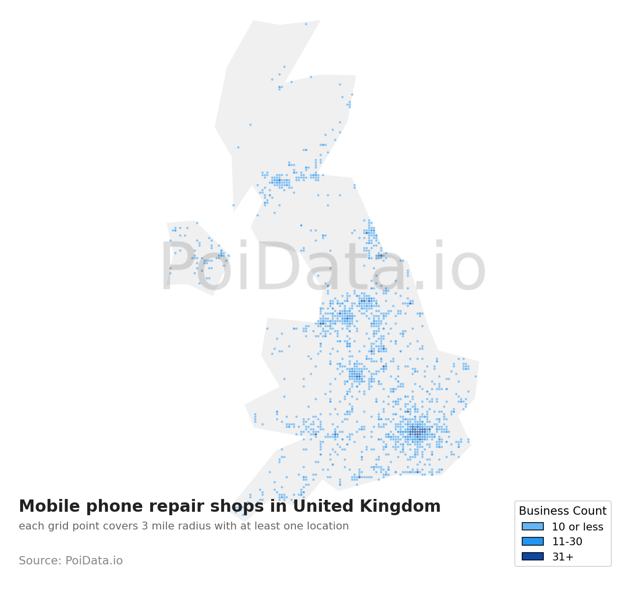 Mobile phone repair shop density map for United Kingdom