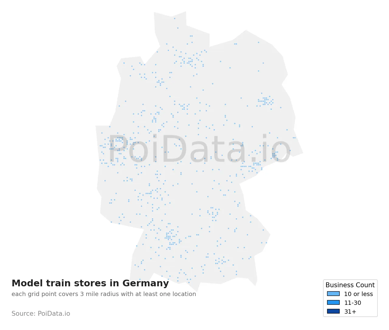 Model train store density map for Germany