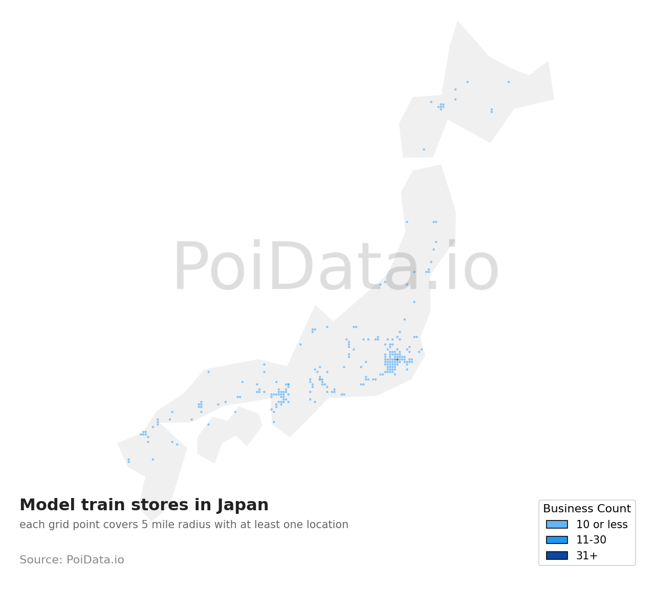 Model train store density map for Japan