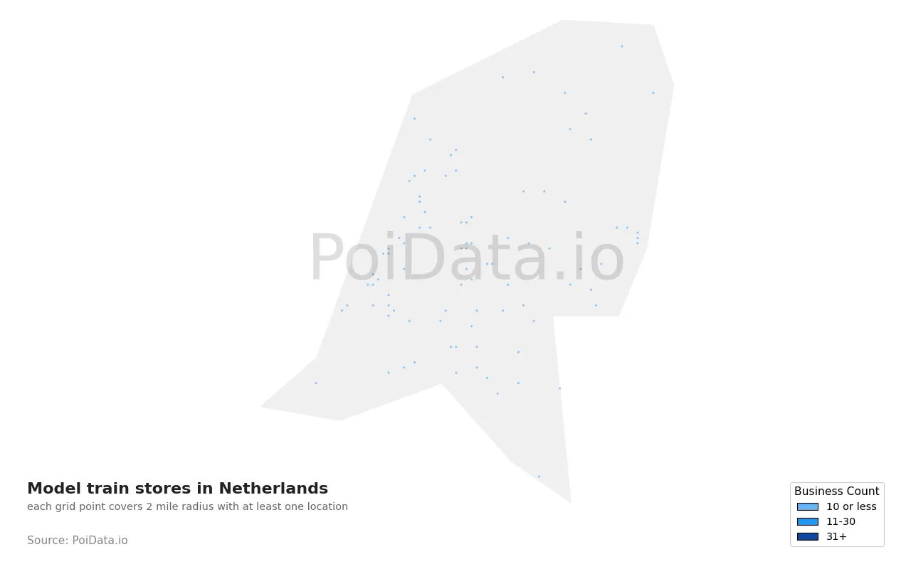 Model train store density map for Netherlands