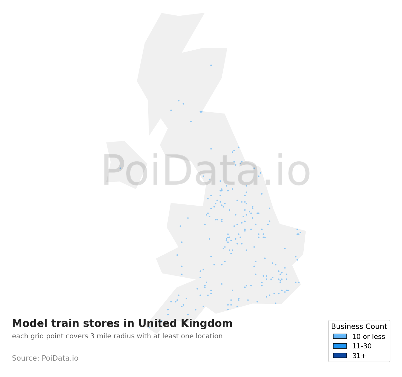 Model train store density map for United Kingdom
