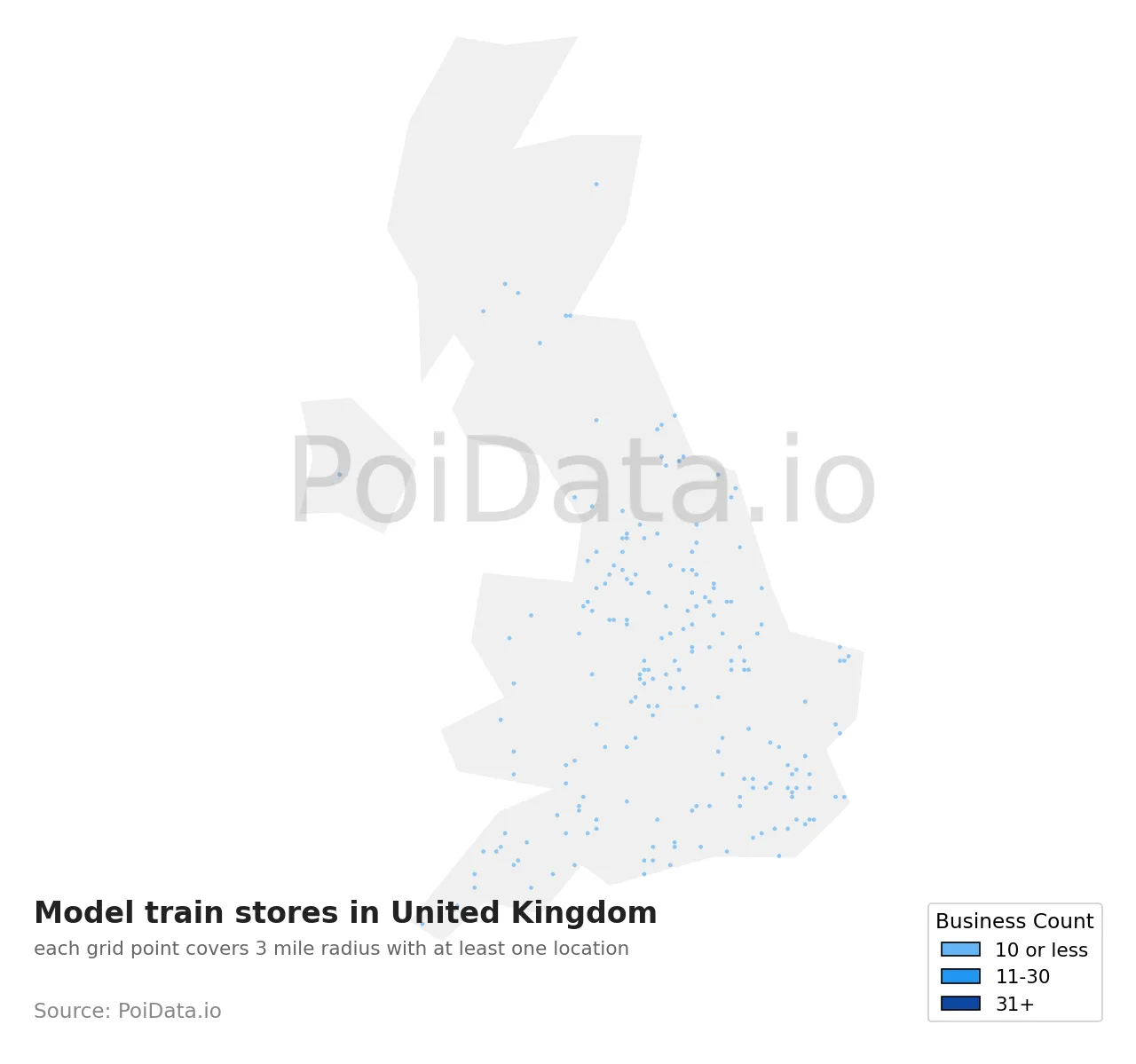 Model train store density map for United Kingdom