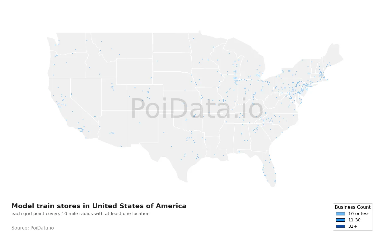Model train store density map for United States