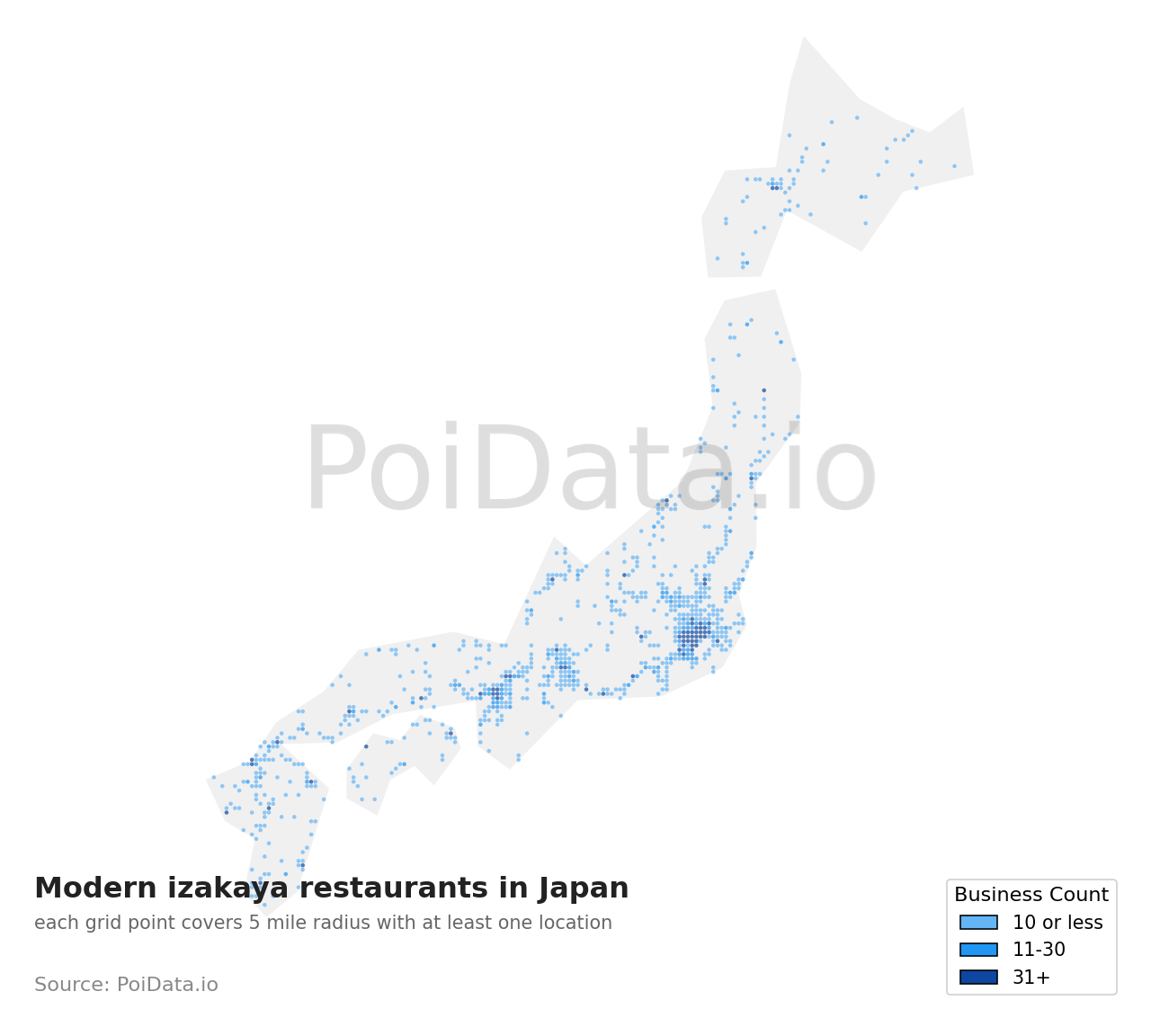 Modern izakaya restaurant density map for Chiba, Japan