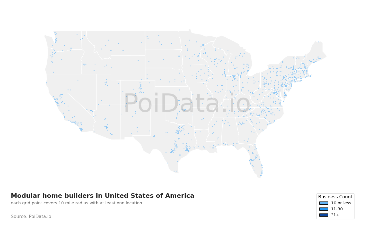 Modular home builder density map for Texas, United States