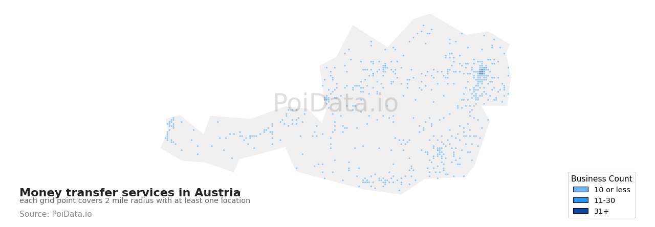 Money transfer service density map for Austria