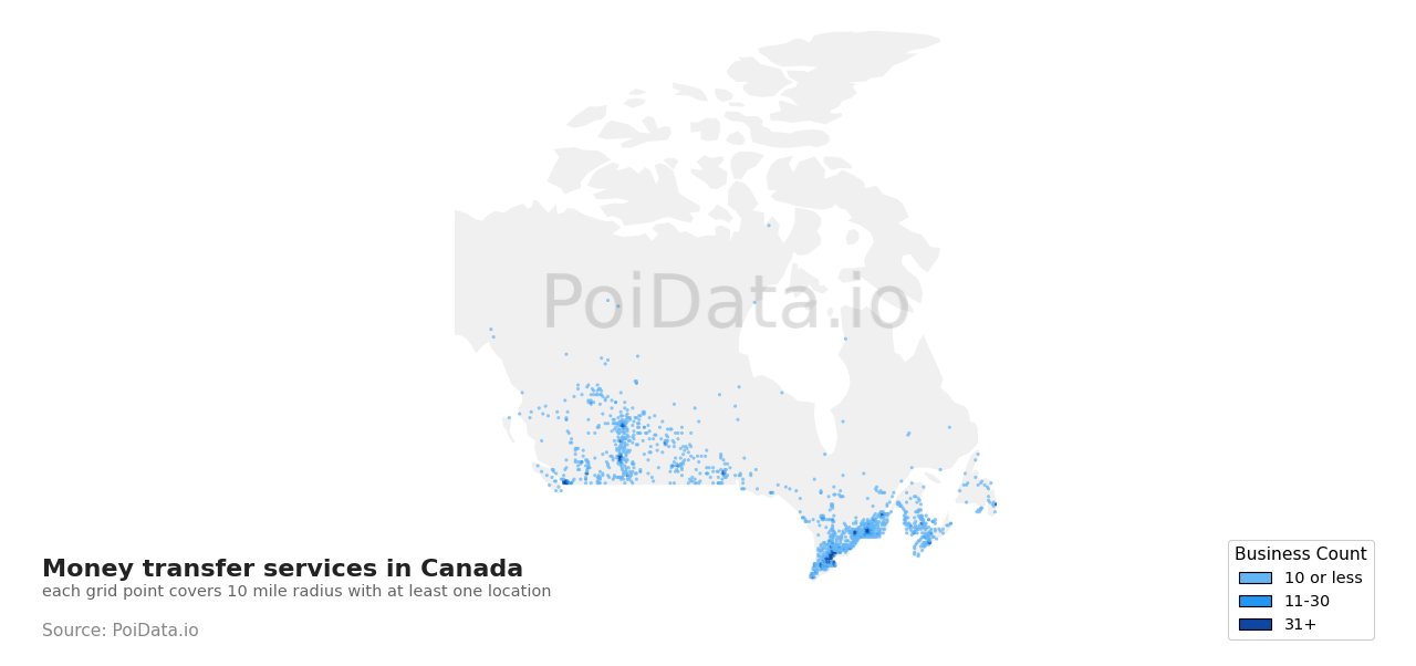 Money transfer service density map for Canada