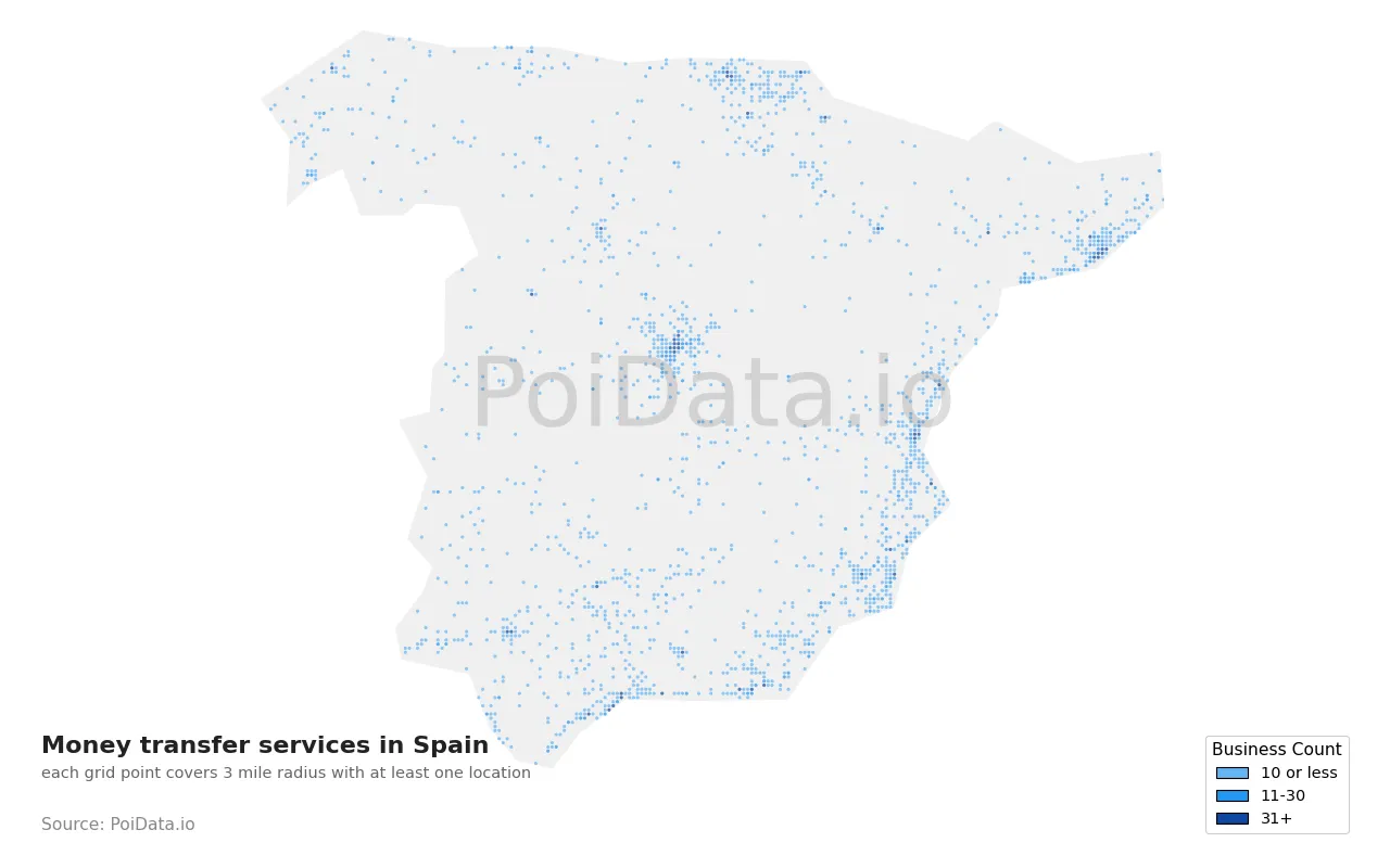 Money transfer service density map for Spain