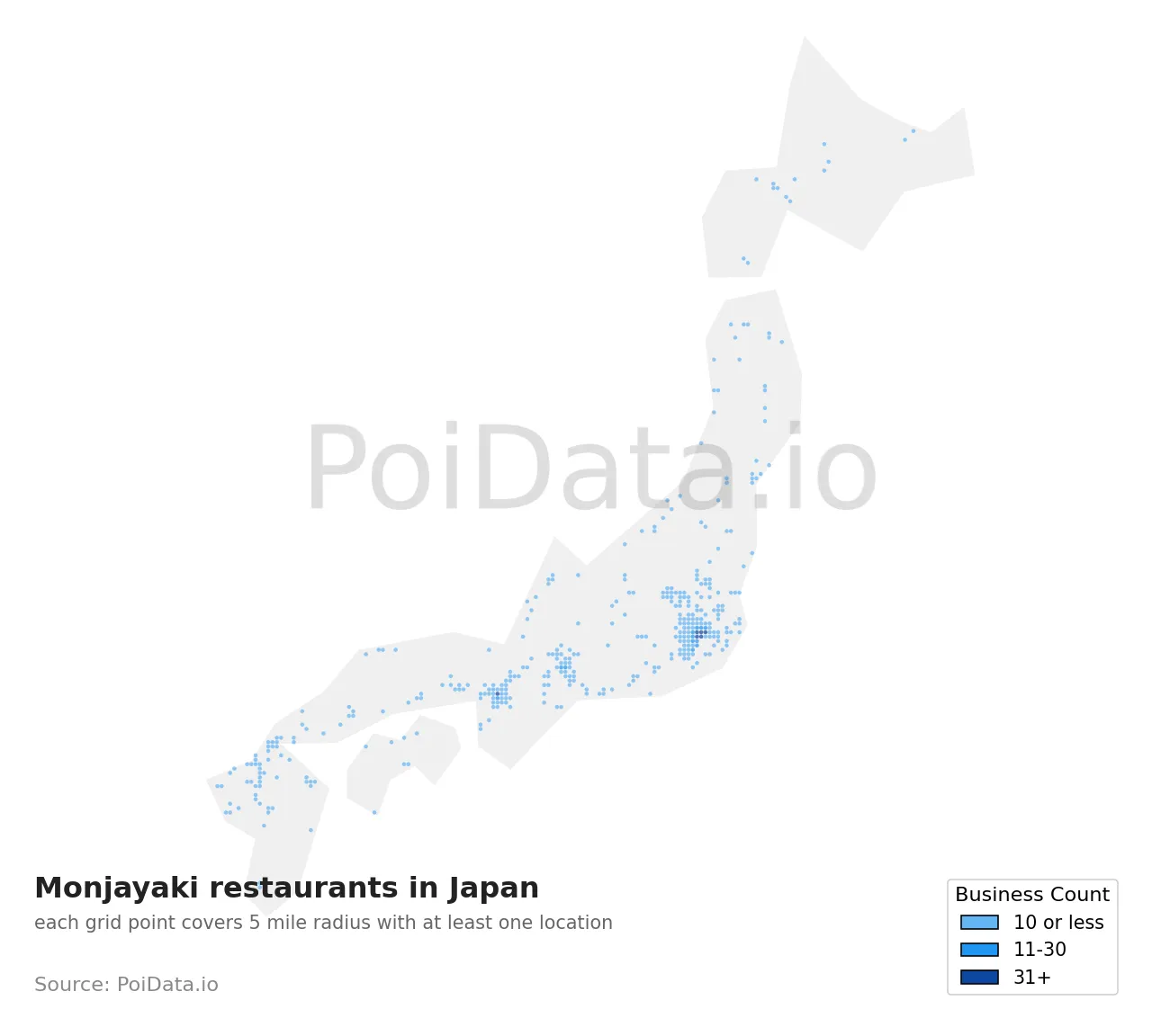 Monjayaki restaurant density map for Japan