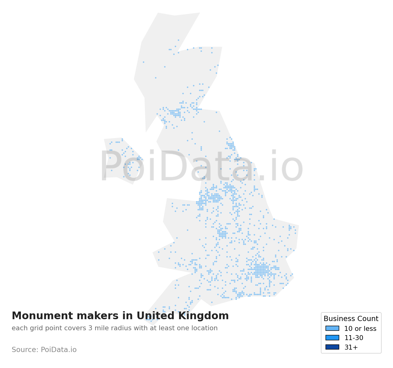 Monument maker density map for United Kingdom