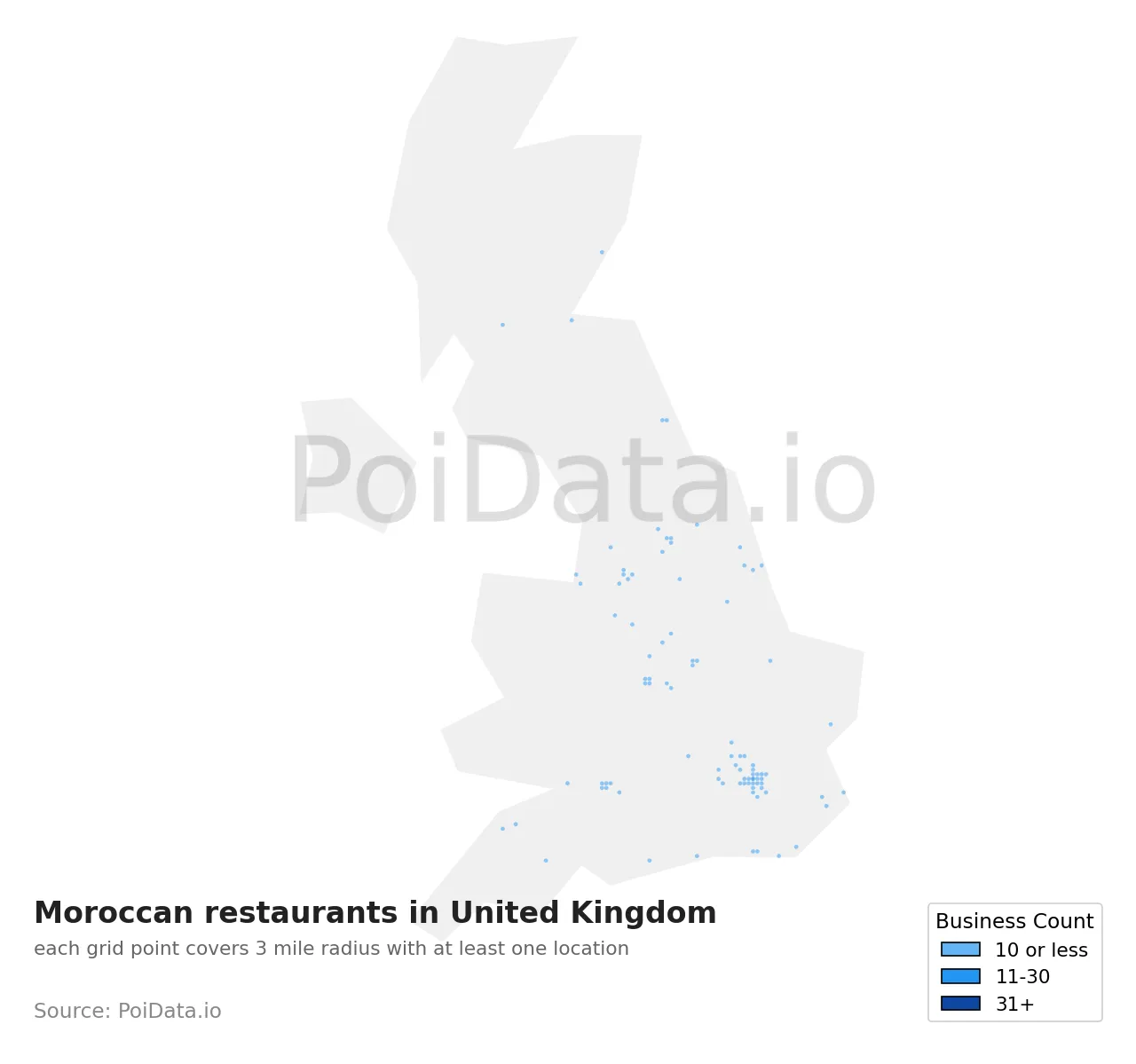 Moroccan restaurant density map for United Kingdom