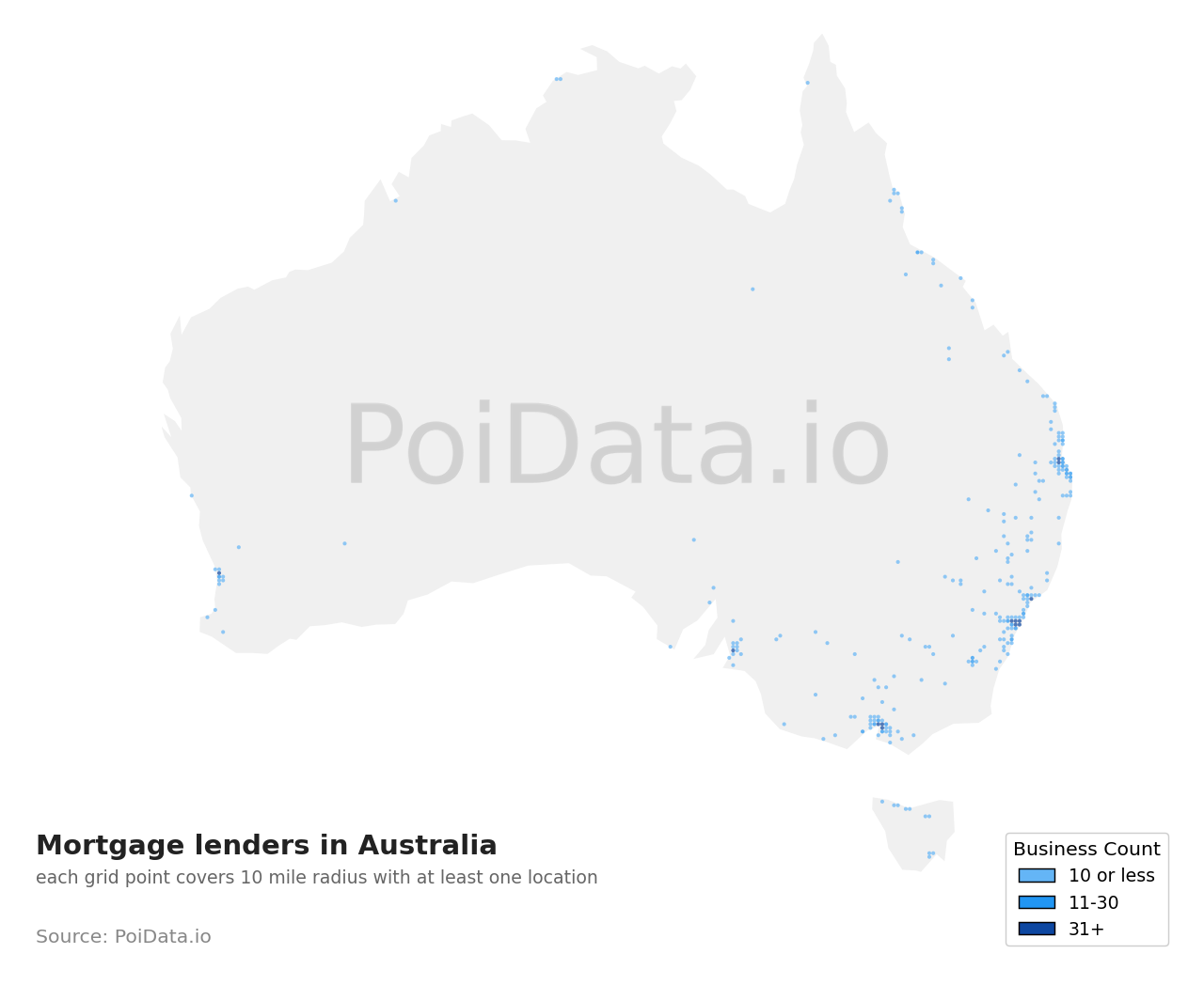Mortgage lender density map for Tasmania, Australia