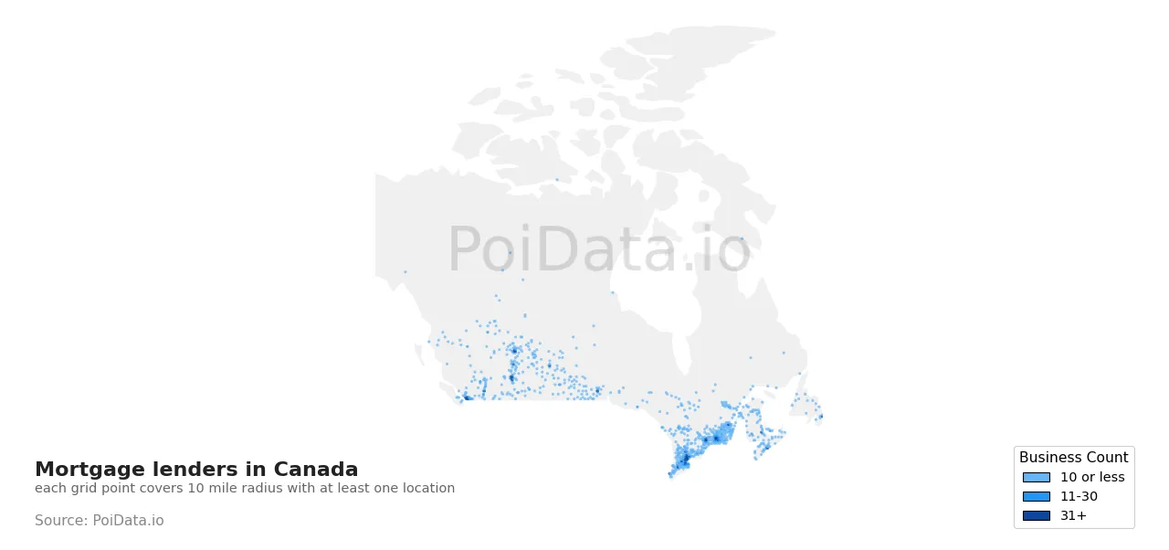 Mortgage lender density map for Canada
