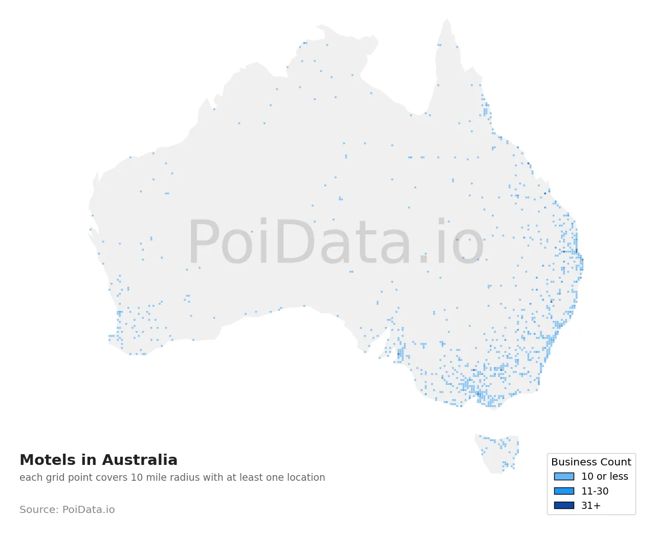 Motel density map for Australia