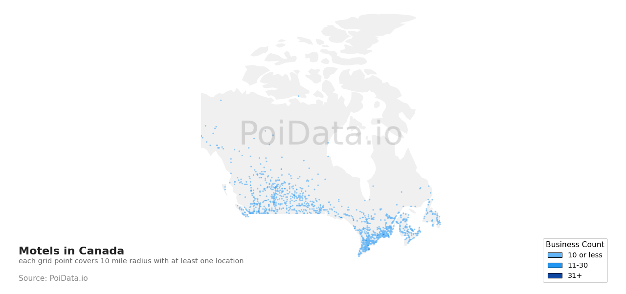 Motel density map for New Brunswick, Canada