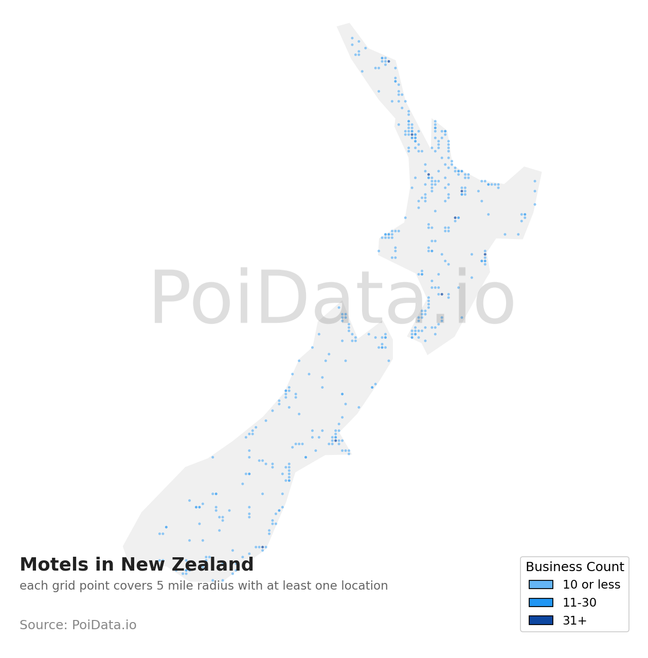 Motel density map for New Zealand