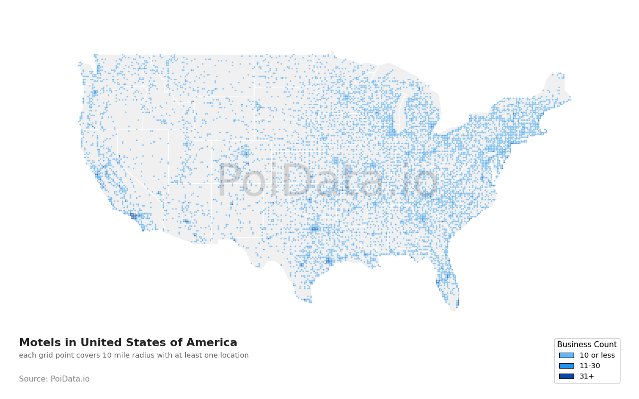 Motel density map for Texas, United States