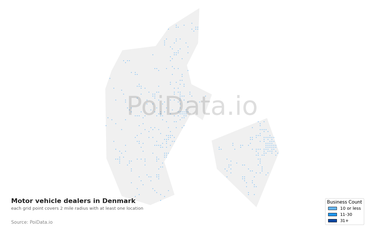 Motor vehicle dealer density map for Denmark