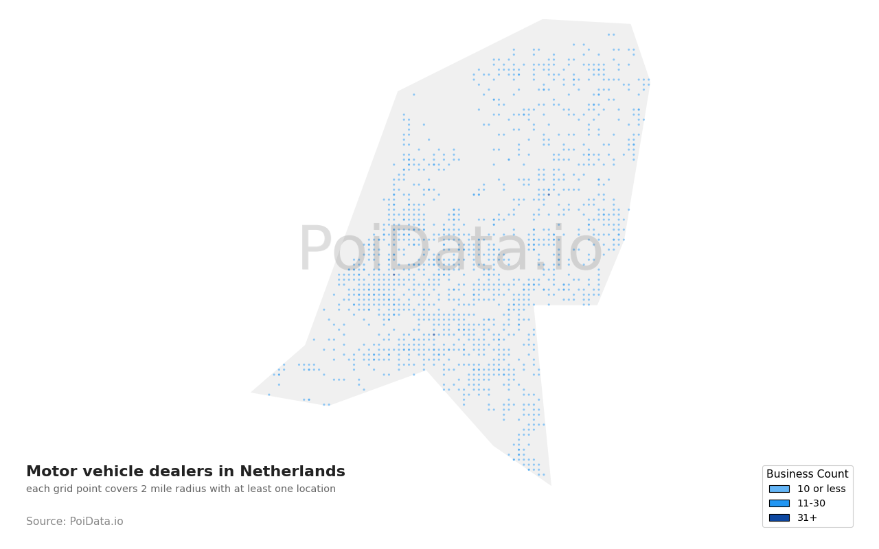 Motor vehicle dealer density map for Netherlands