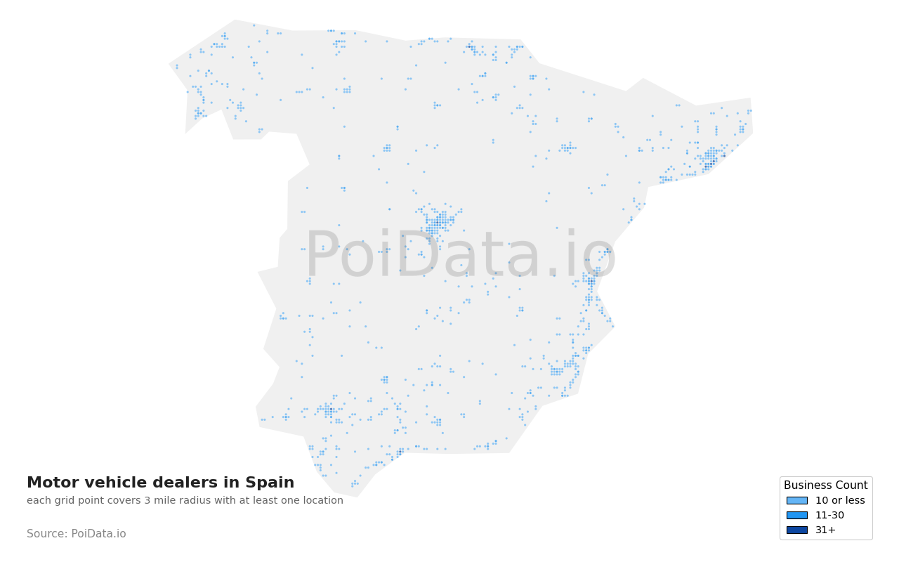 Motor vehicle dealer density map for Spain