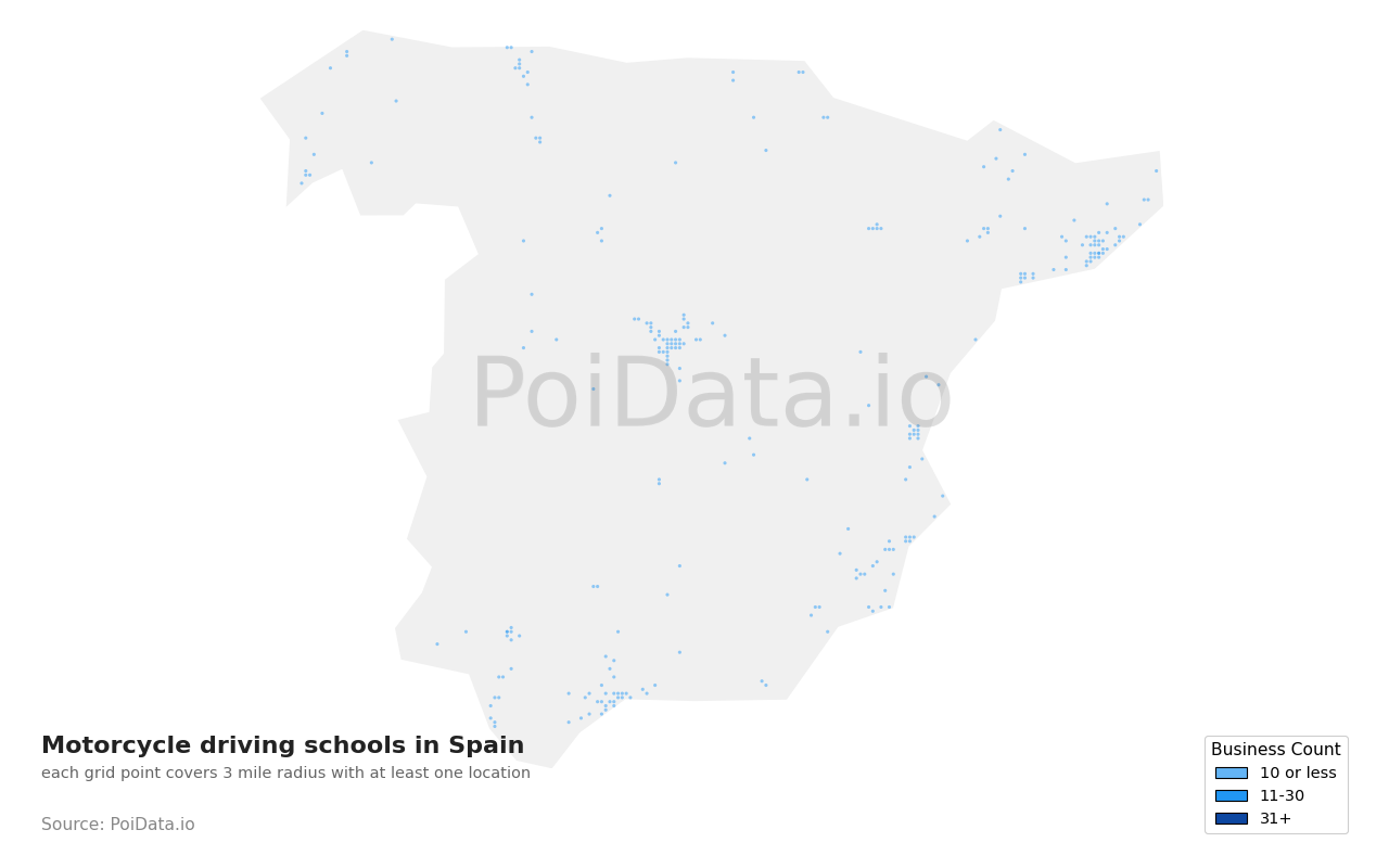 Motorcycle driving school density map for Spain