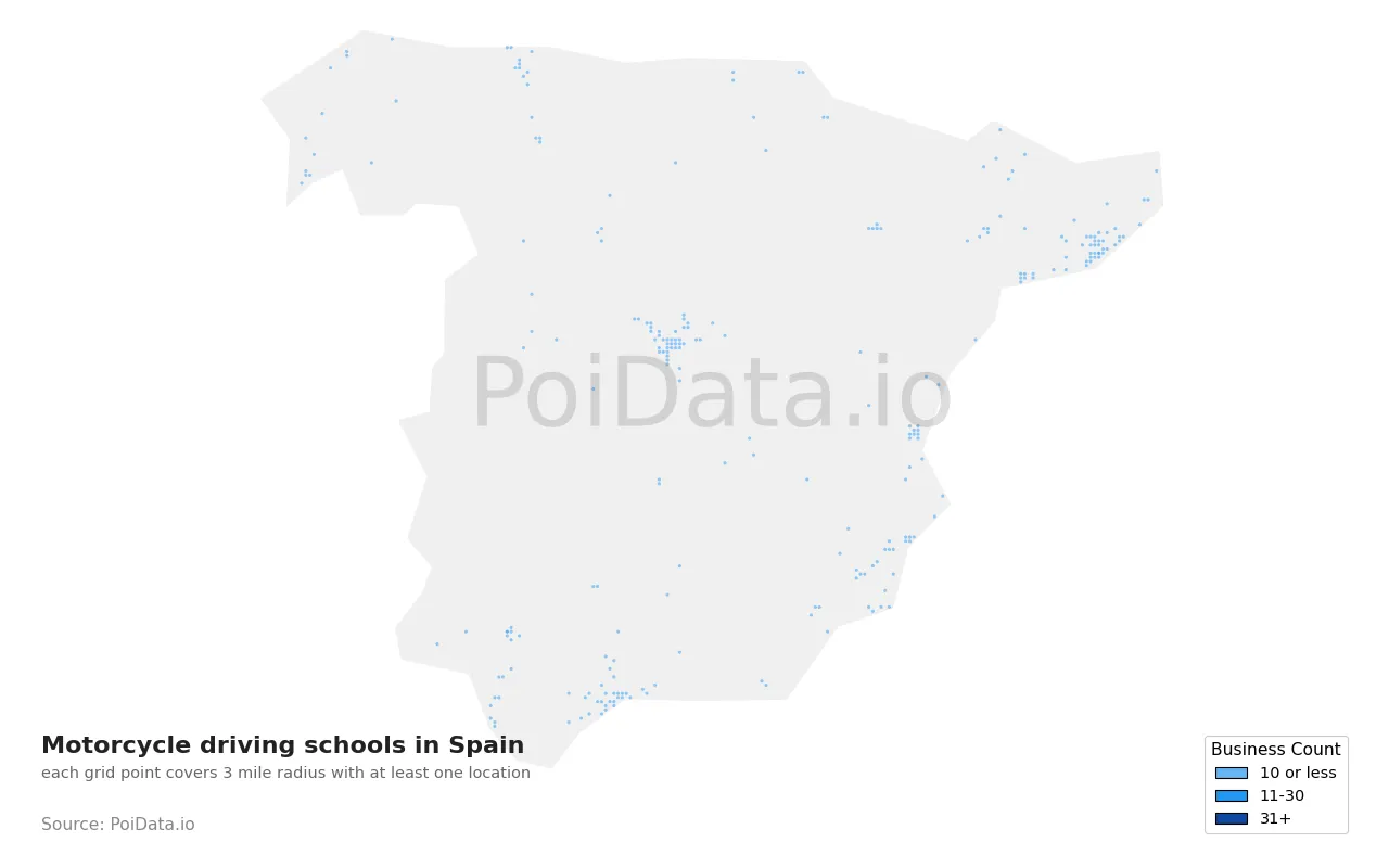 Motorcycle driving school density map for Spain