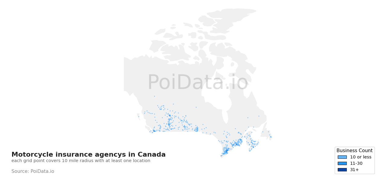 Motorcycle insurance agency density map for Canada