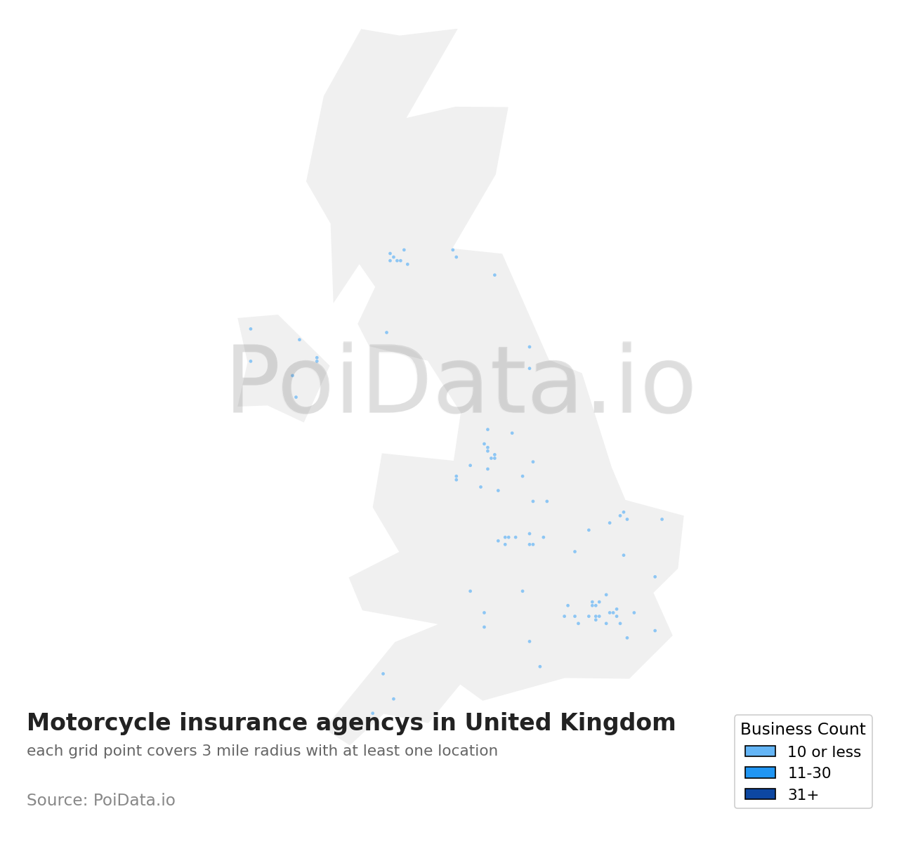 Motorcycle insurance agency density map for United Kingdom