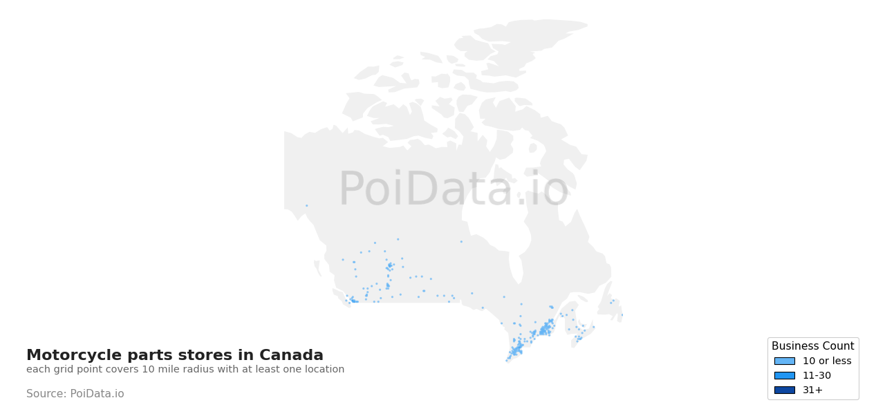 Motorcycle parts store density map for Canada