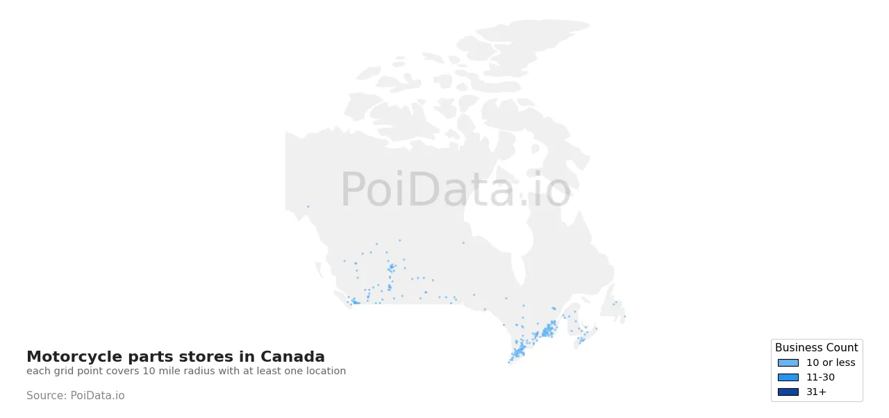 Motorcycle parts store density map for Canada
