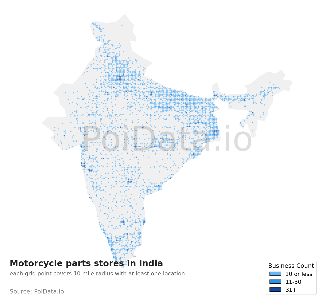 Motorcycle parts store density map for India