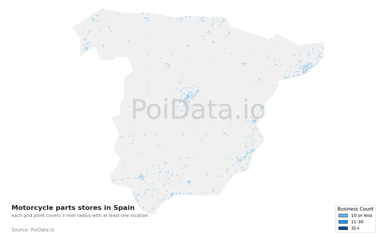 Motorcycle parts store density map for Spain