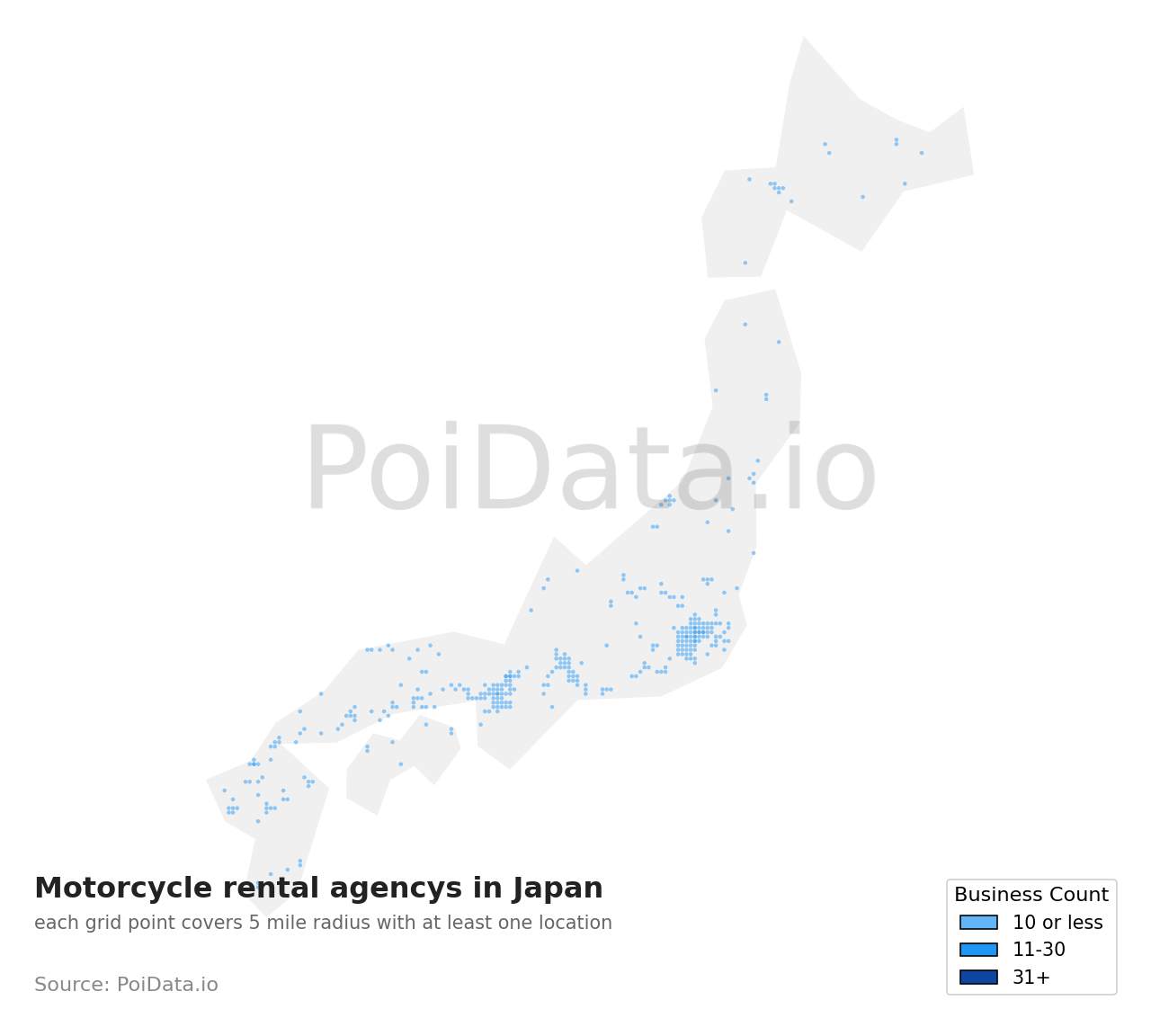 Motorcycle rental agency density map for Japan