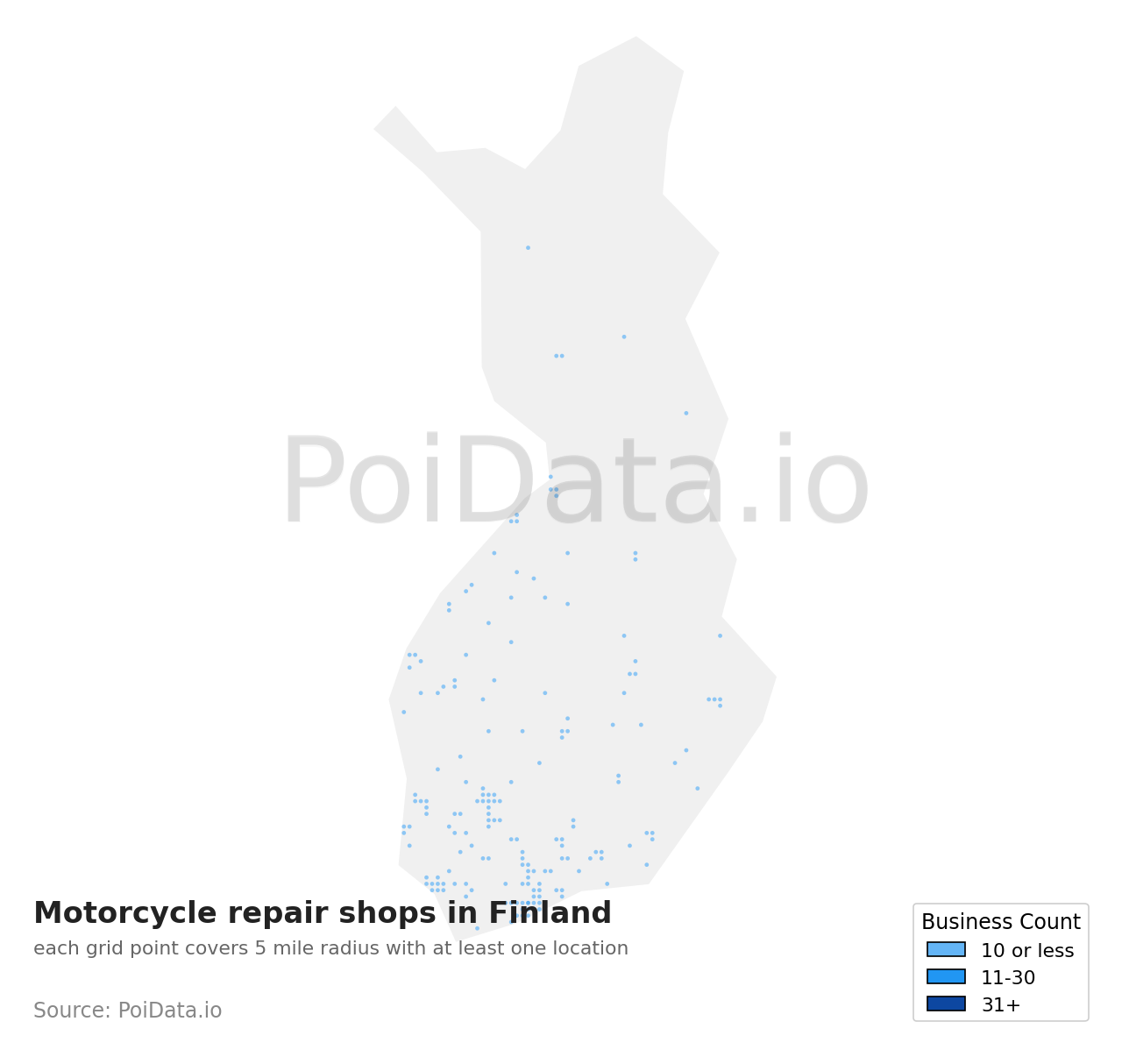 Motorcycle repair shop density map for Finland