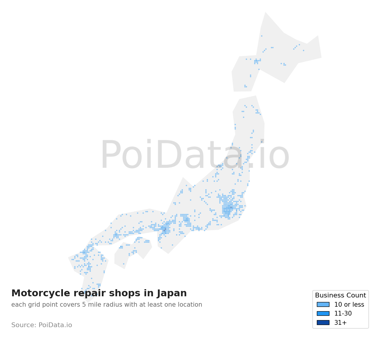 Motorcycle repair shop density map for Fukuoka, Japan
