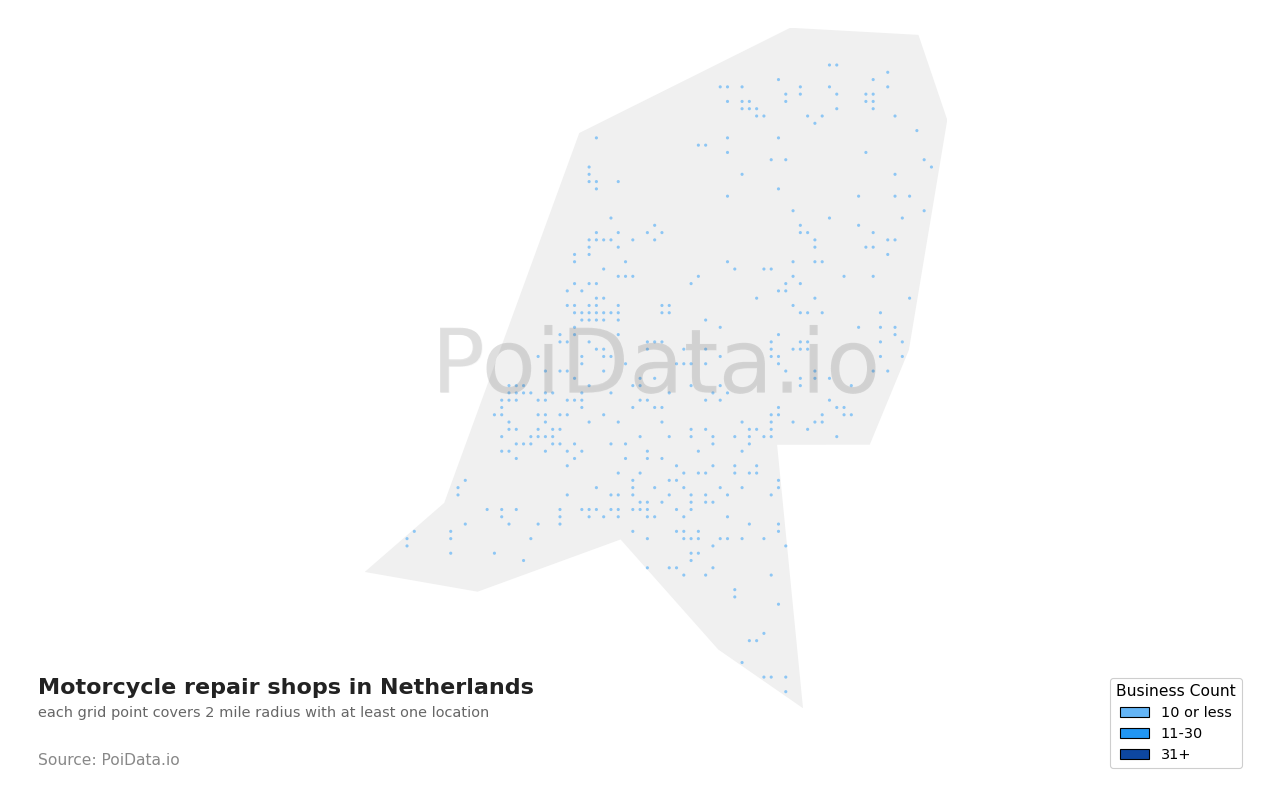 Motorcycle repair shop density map for Netherlands