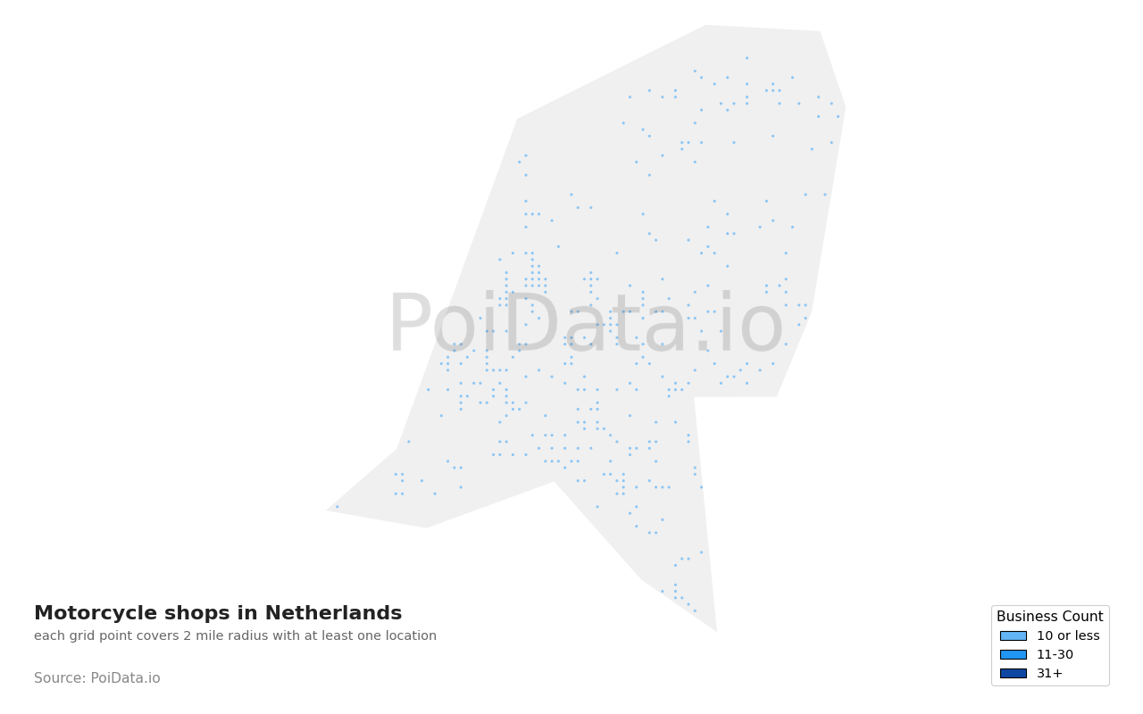 Motorcycle shop density map for Netherlands