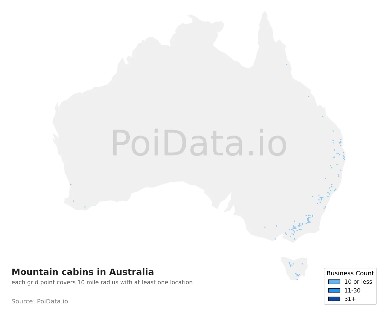 Mountain cabin density map for Australia
