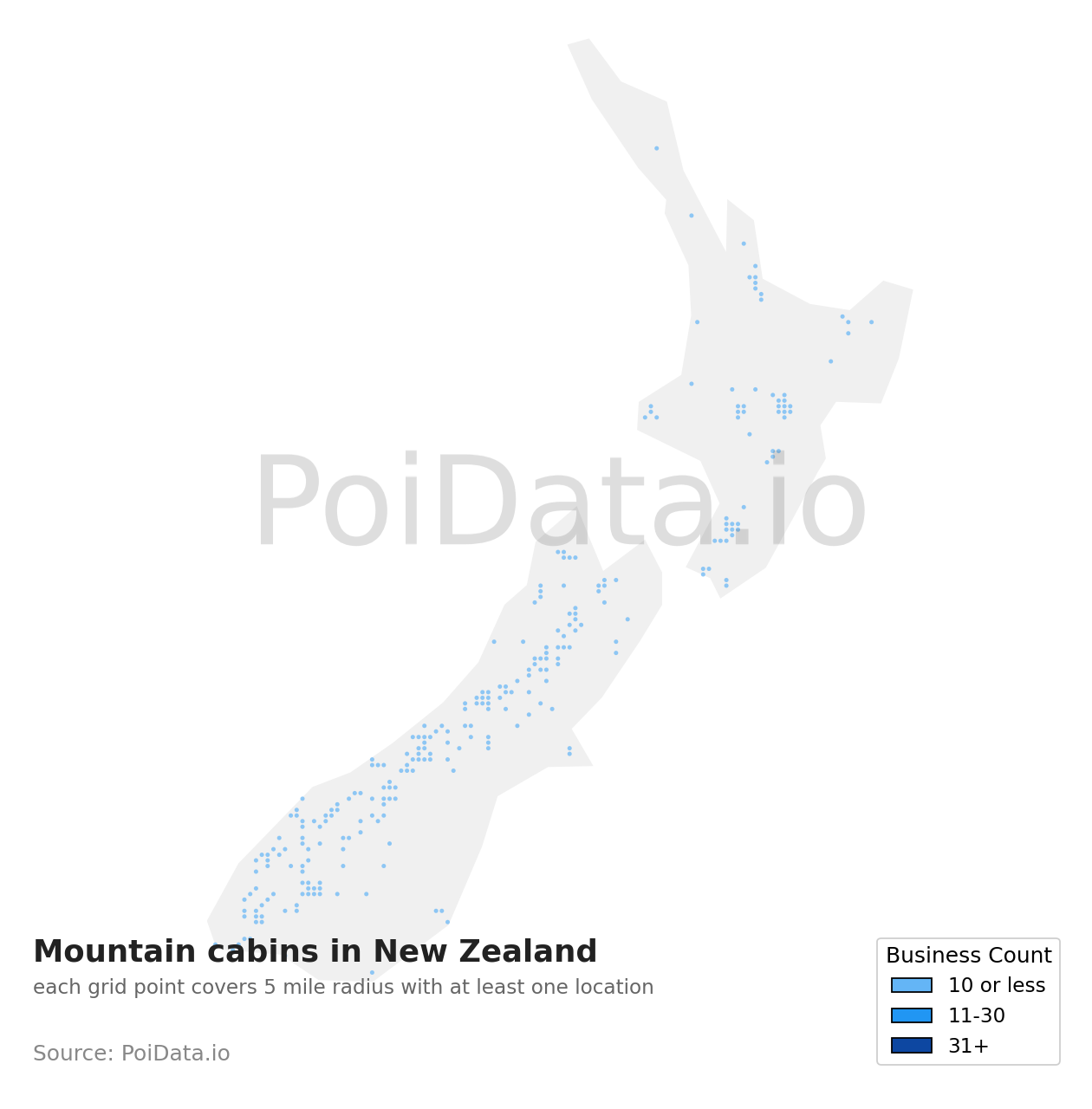Mountain cabin density map for New Zealand