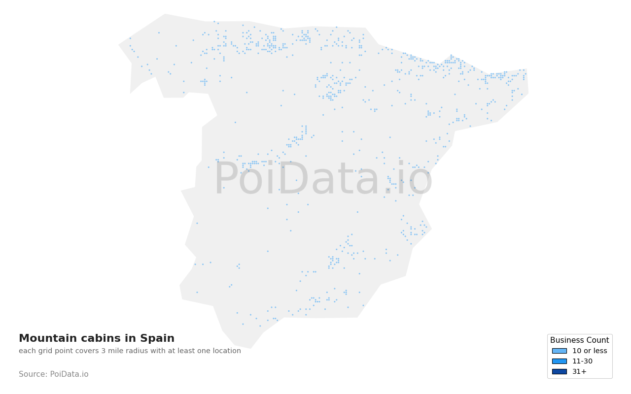 Mountain cabin density map for Spain