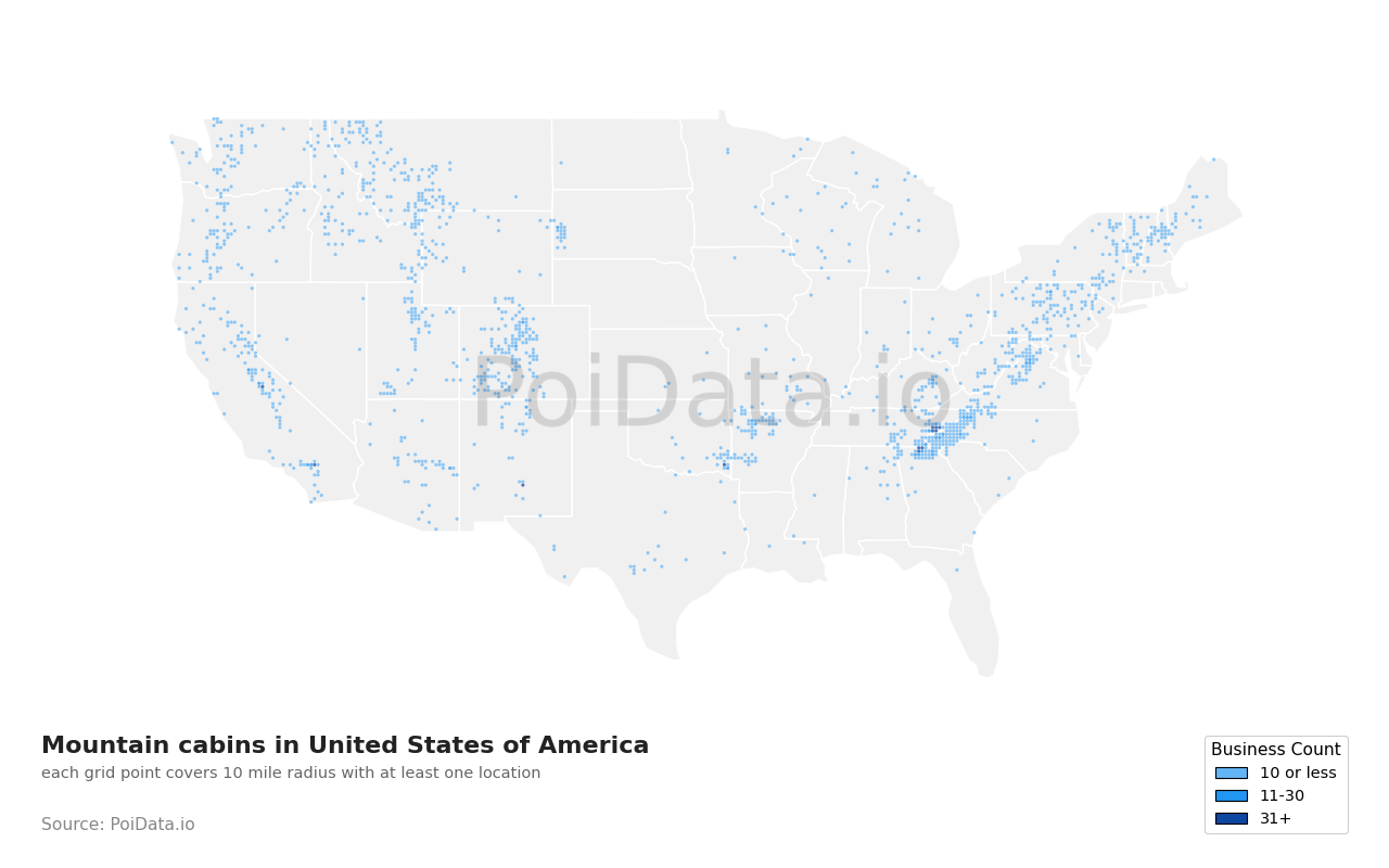 Mountain cabin density map for United States
