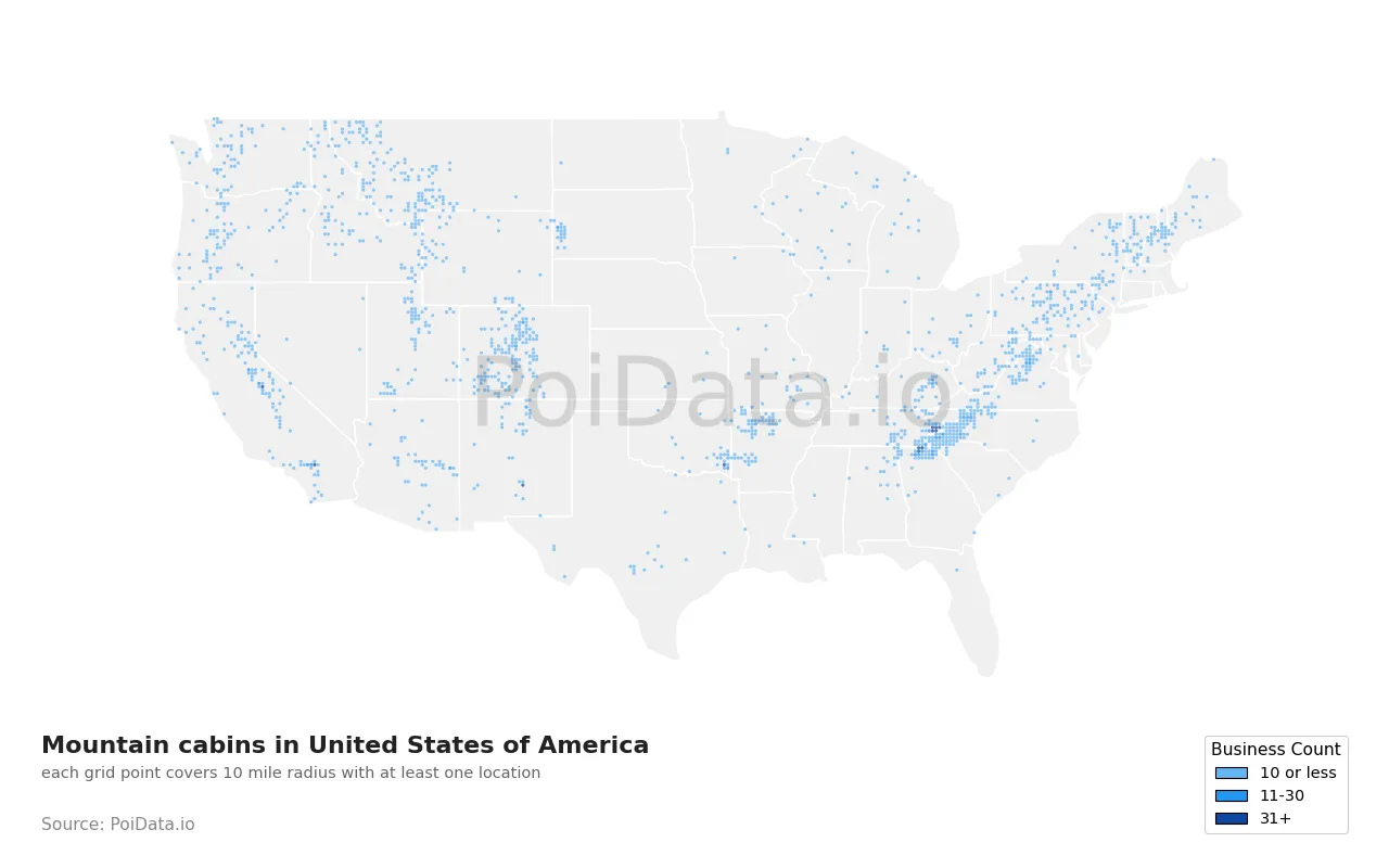 Mountain cabin density map for United States