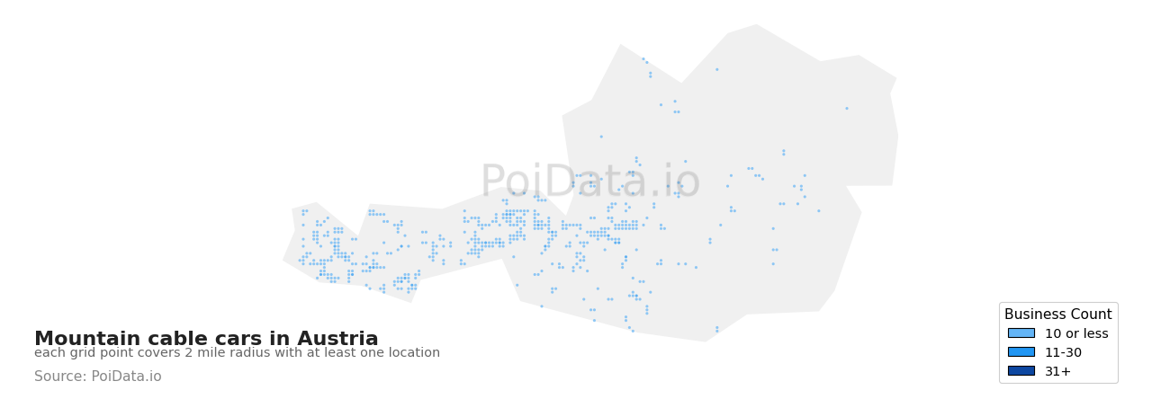 Mountain cable car density map for Austria