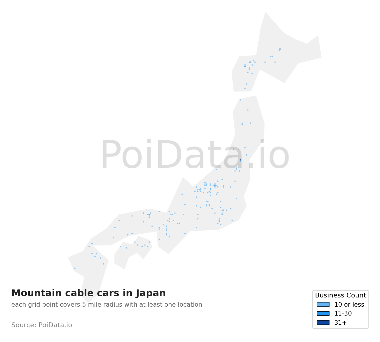 Mountain cable car density map for Hokkaido, Japan