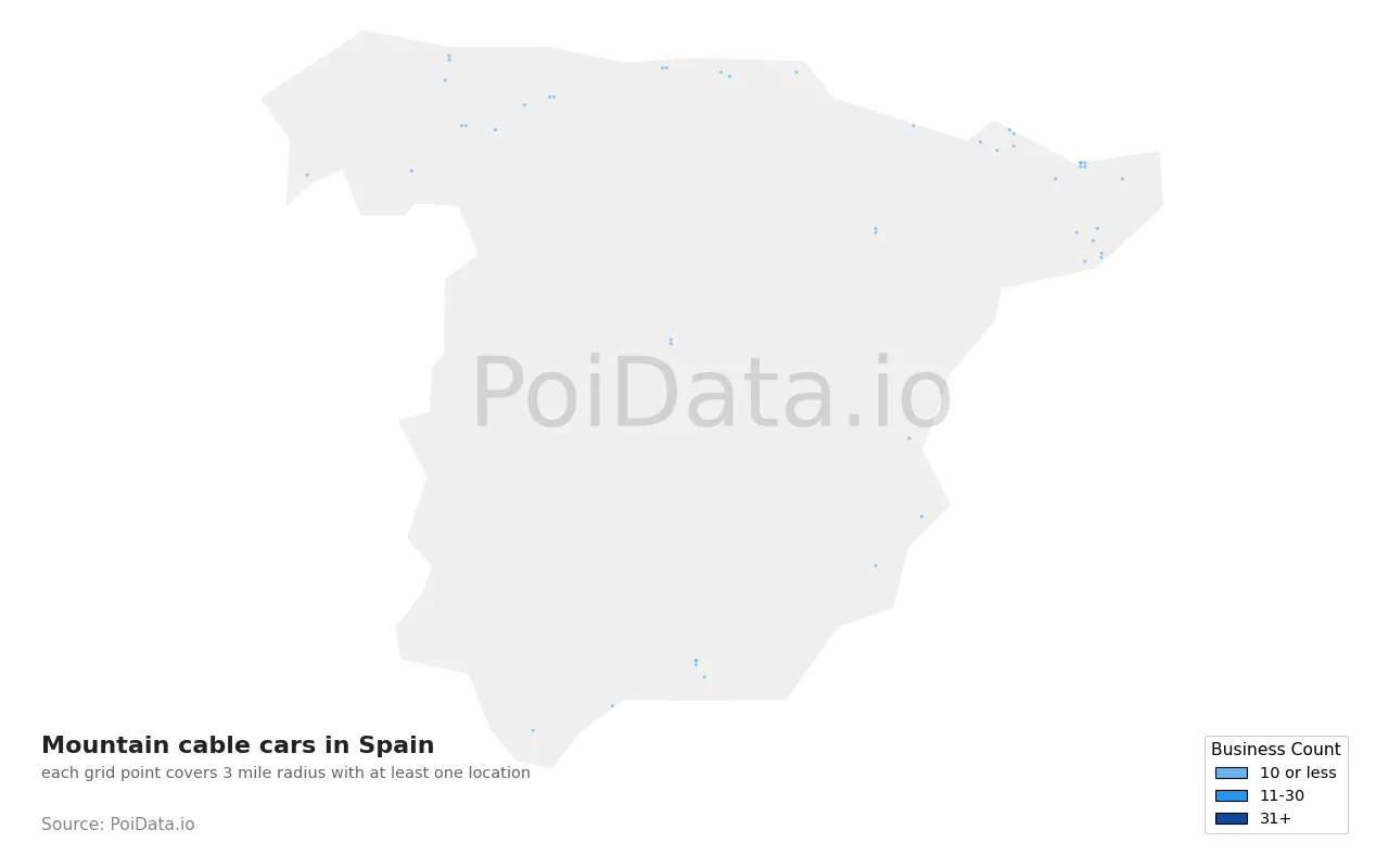 Mountain cable car density map for Spain