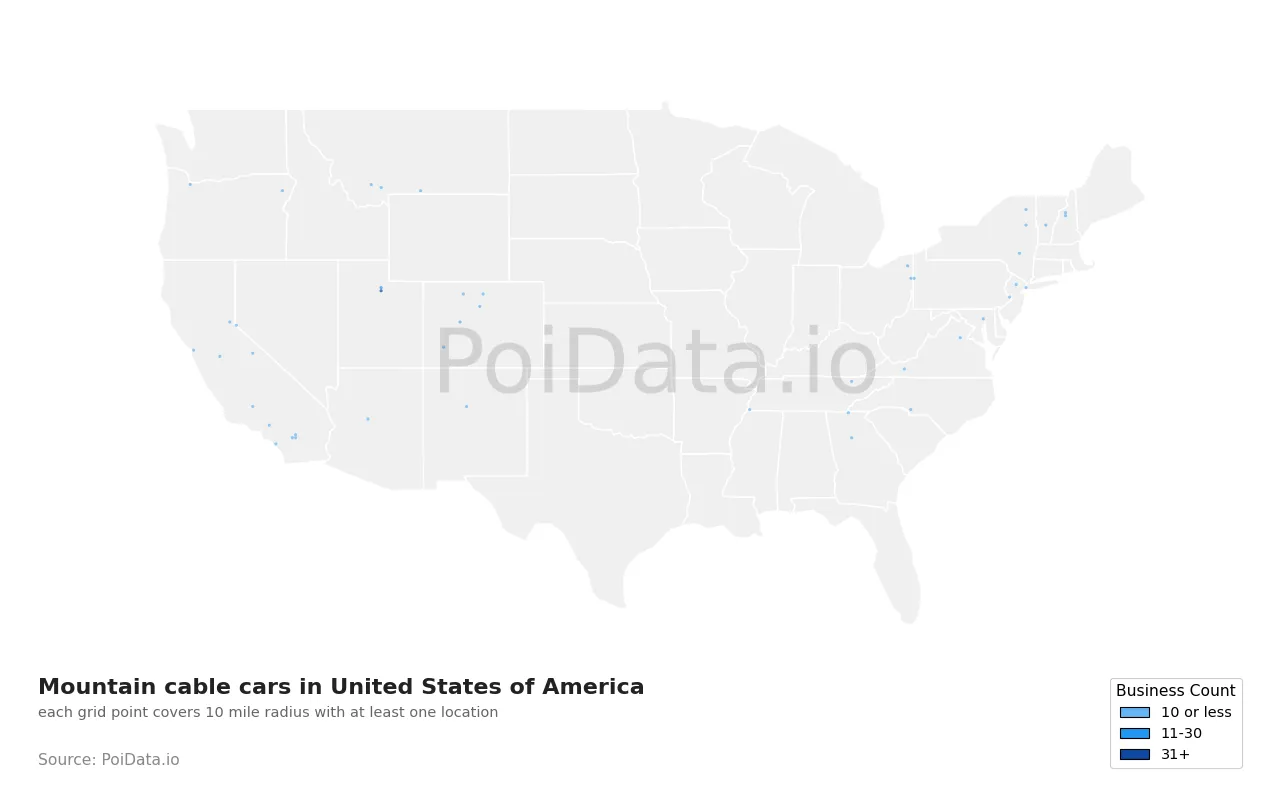 Mountain cable car density map for United States