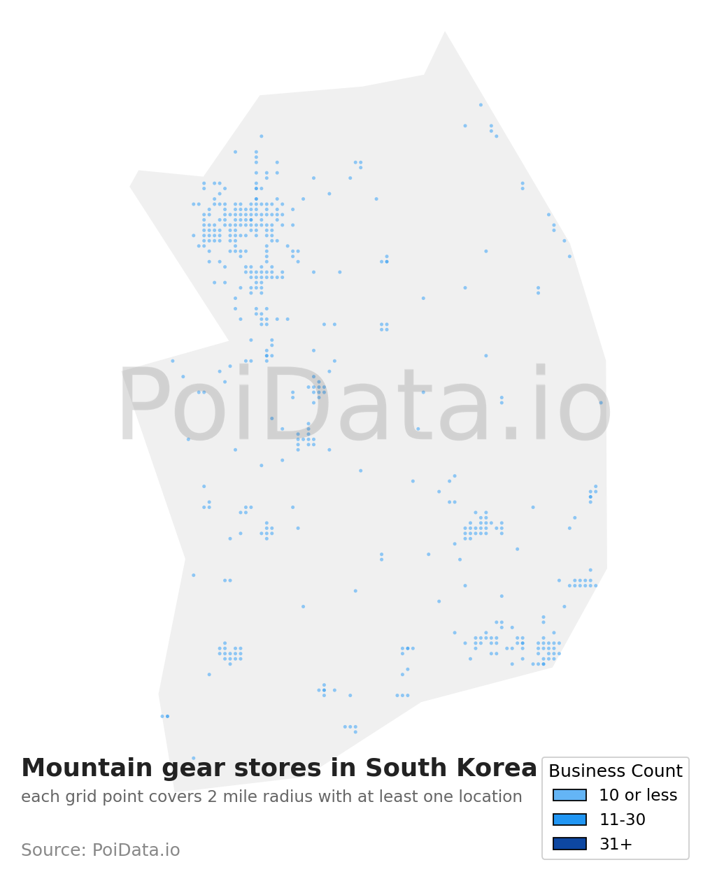 Mountain gear store density map for South Korea
