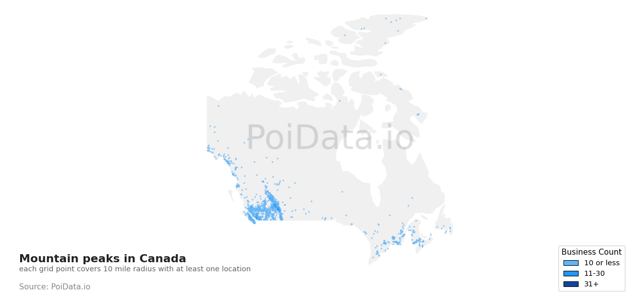 Mountain peak density map for Canada