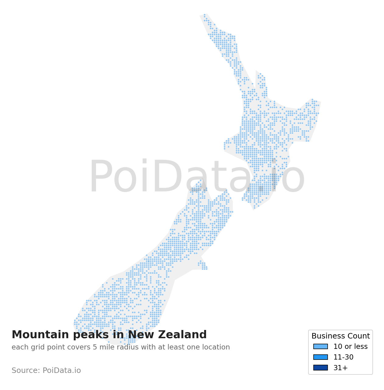 Mountain peak density map for New Zealand
